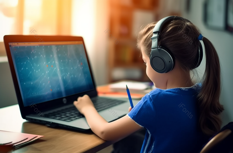 外国小女孩与老师在家里视频沟通学习侧面摄影图,高清,摄影图,摄影图片,图片大全,摄影图免费下载